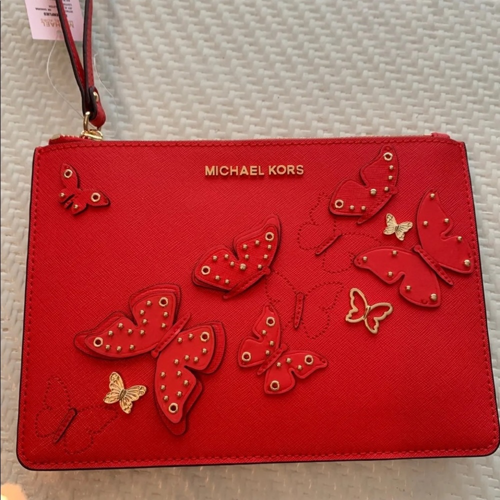 NWT Butterflies Michael Kors red pouch Wristlet